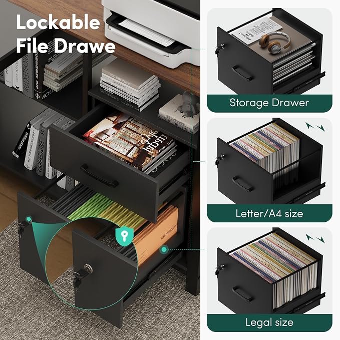 MALOL 70.3" Reversible L-Shaped Office Desk with Power Outlet Computer Desk | Large Executive Desk with Locked File Drawers & Storage Shelves, Pegboard, Mobile CPU Stand, Modern Corner Desk, Walnut