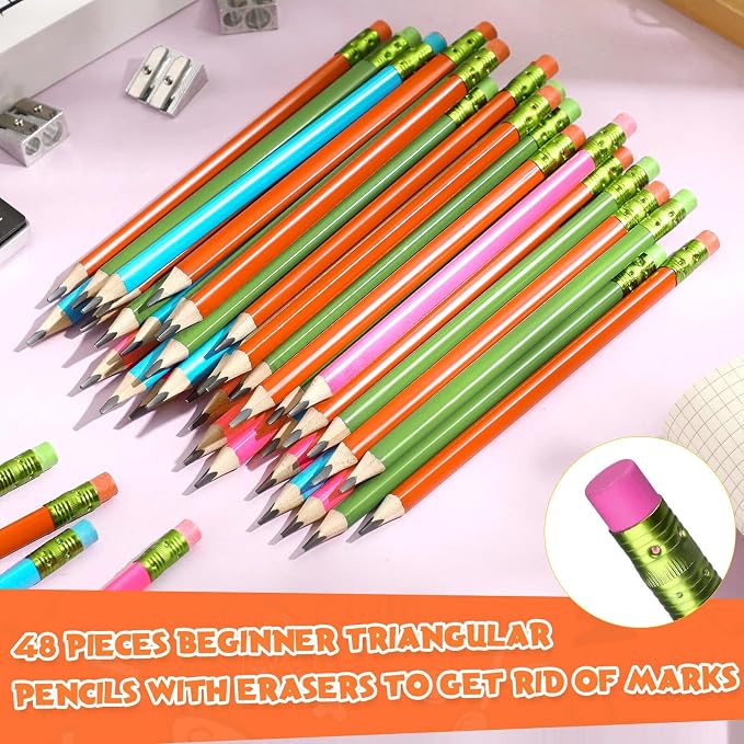 Fainne 48 Pcs Large Pencils 3 Sharpeners,Multicolor,Triangle,Fat Pencils