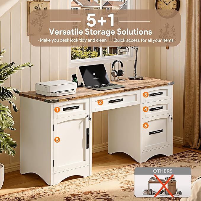 Decofy Farmhouse Executive Desk with Drawers, 55" Home Office Desks with Fast Charging Station, Lockable File Cabinet, Wood Writing Computer Desk for Work, Study, White
