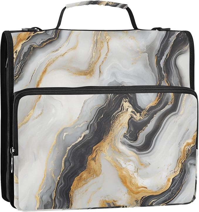 ALAZA Zipper Binder 3 Ring Black and White Gold Marble Binder Organizer with Zipper and Shoulder Strap Large Capacity Multi-Pocket Trapper Keeper File Folder for Office Supplies