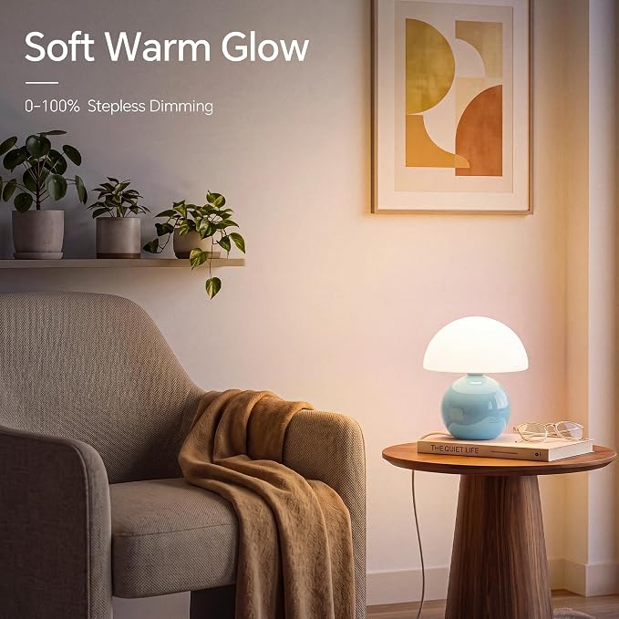 Mushroom Lamp Table Lamp for Bedroom-Small Desk Table Lamps,Blue | 8.7" Mid Century Modern Table Lamps for Living Room Bedroom Decor,Cute Ceramic Lamps for Mushroom Home Room Decor,Glass Shade