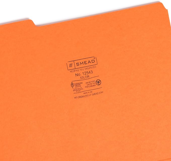 Smead Colored File Folder, 1/3-Cut Tab, Letter Size, Orange, 100 per Box (12543)