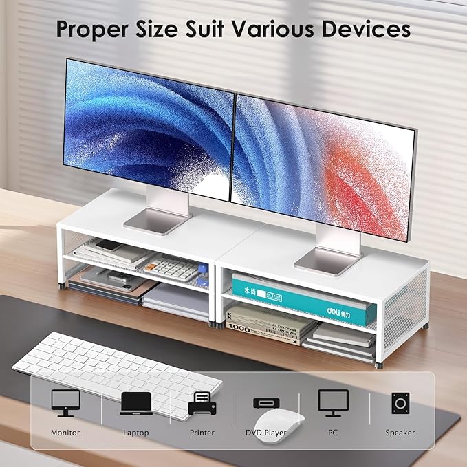 ECOLOVI 2-Tier Computer Monitor Stand Riser, Printer & Laptop Stand, Office Desk Accessories, Workspace Desk Organizer for Home Office Supplies, White