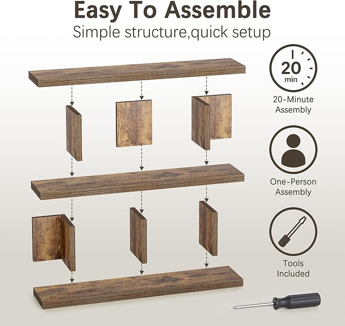 TIQLAB 47" Bookshelf, Open Bookcase Corner Shelf for Bedroom, Rustic Brown | horizontal bookshelf with 3 open shelves, for bedroom office living room, display rack tv stand long console table, rustic