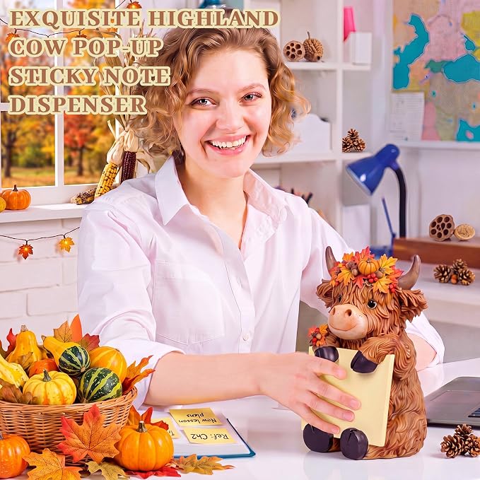 Thenshop Fall Highland Cow Pop up Sticky Note Dispenser with 100 Sheets | Resin Highland Cow Sticky Note Holder, Highland Cow Desk Accessories, Autumn Maple Leaves Berry, Classroom School, 3 x 3 Inch