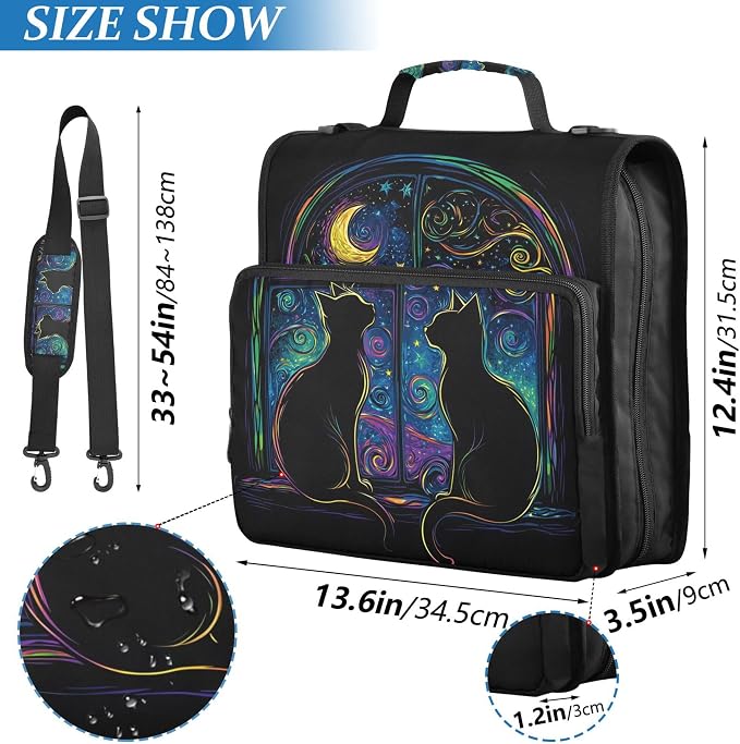 MNSRUU 3 Ring Binder Bag, 2 Inch D-Rings Easily Organizes 1 Inch Fits Letter Sized Paper, Two Black Cats in A Window Large 3 Hole Zipper Binder Organizer for School Office Supplies