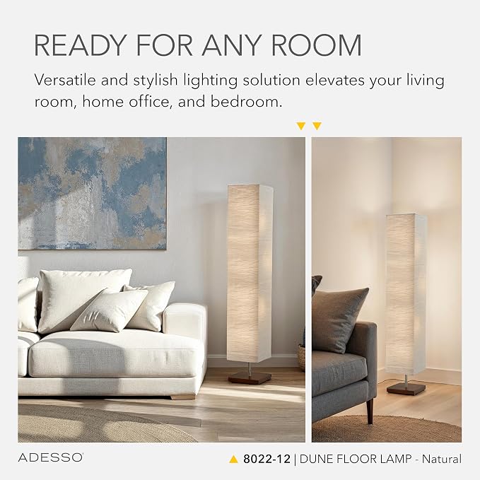 Adesso 3-Light Floor Lamp, Natural Wood & Beige, Adjustable, 58” | Dune 60W Floor Lamp with Foot Switch for Bedroom, Living Room, Reading Nook, or Corner Accent Lighting