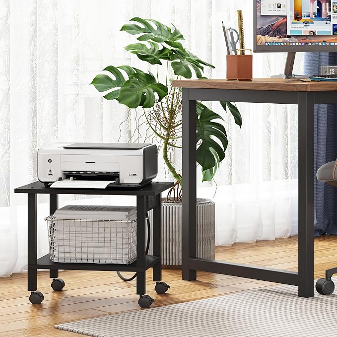 TUTOTAK Printer Stand, 2 Tier Rolling Printer Cart with Charging Station | Small Under Desk Printer Table with Wheels for Small Space, Office, Home, Black PS01BK001P