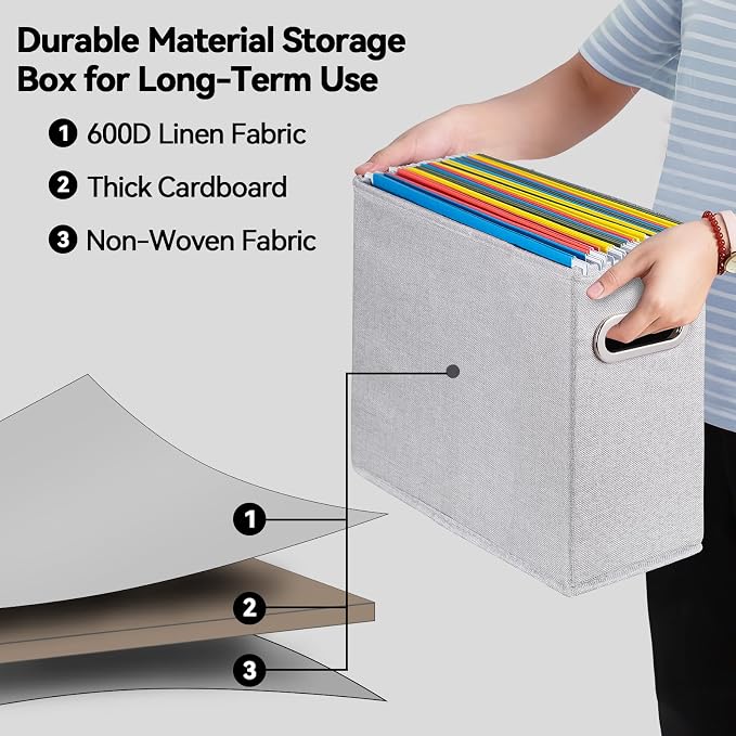 4 Pack Letter Size File Storage Box Collapsible, Fabric Hanging File Folders Organizer, Portable Office Document Holder with Metal Handle, Smooth PVC Rails, Light Gray