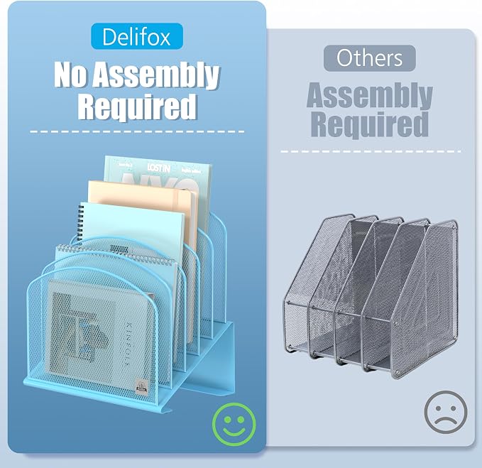 Delifox Inclined Desk File Organizer,Vertical File Folder Holder Stand Metal Rack File Sorter for Office Classroom Desktop Organization (2, Blue, 5)