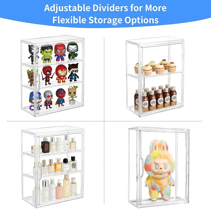 3-Tier Clear Acrylic Display Case for Figures, Wall-Mounted | Magnetic Door, 2 Removable Plates, Stackable Design, High Transparency Box, Display Cases for Collectibles