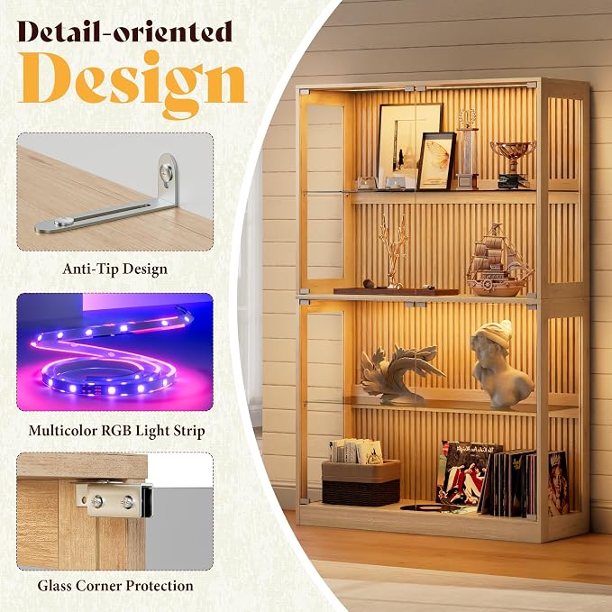 AMERLIFE 45-Inch RGB Display Cabinet with Glass Doors | 70 H x 45 W x 16 D In, 4-Tier Storage, RGB LED Lights, Press-to-Open Doors, for Collectibles, Wood-Grain Slatted Finish