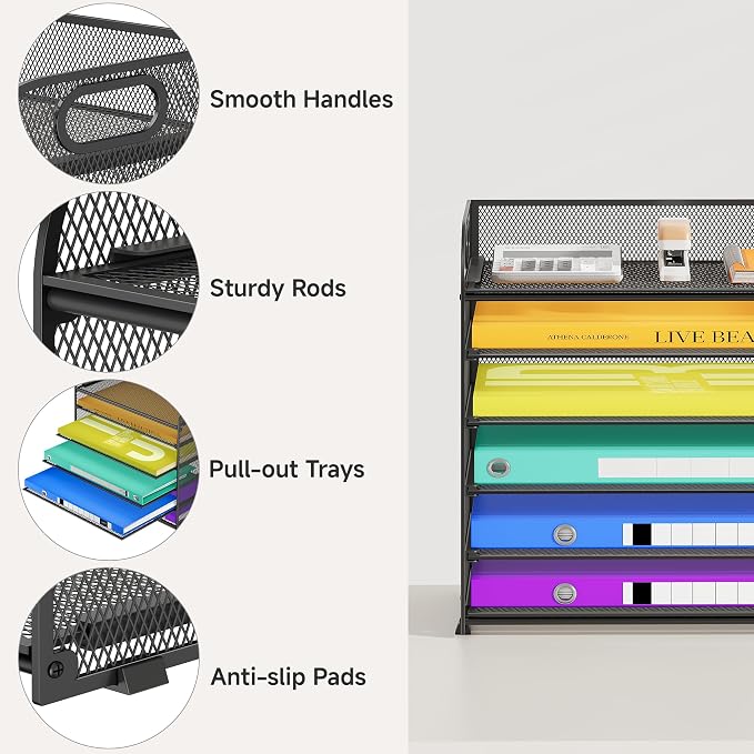 Cawukege 6 Tier Paper Organizer with Handle, Metal Desk Organizer Mesh Paper Letter Tray Desktop File Folder Document Sorter for Classroom, School, Office Accessories Storage (1, 6 Tier - Black)