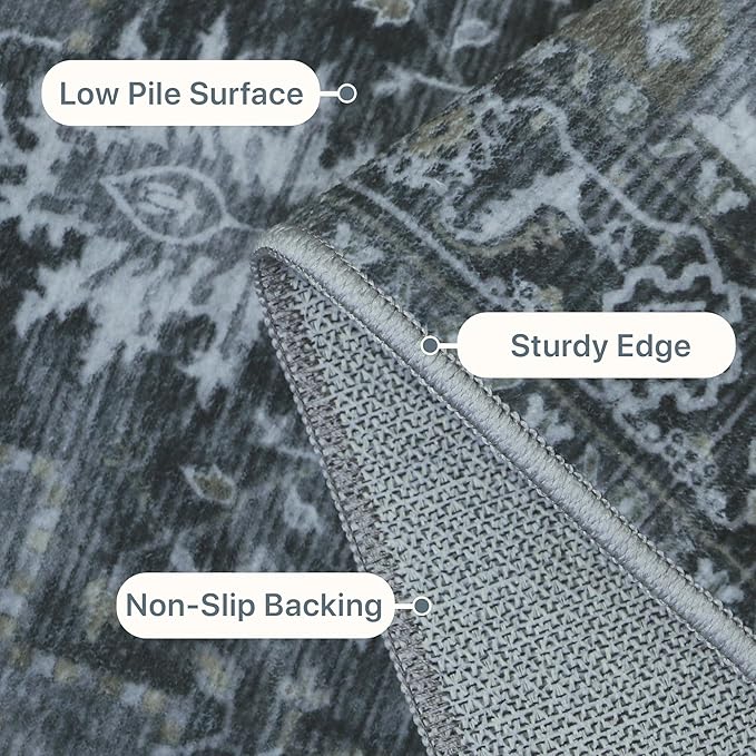 GENIMO 2'6''x10 Runner Rugs for Hallway, Machine Washable Non Slip Vintage Rugs, Low Pile Lightweight Soft Print Rug for enrtyway, Corridor, Home Office, Kitchen,Dark Gray
