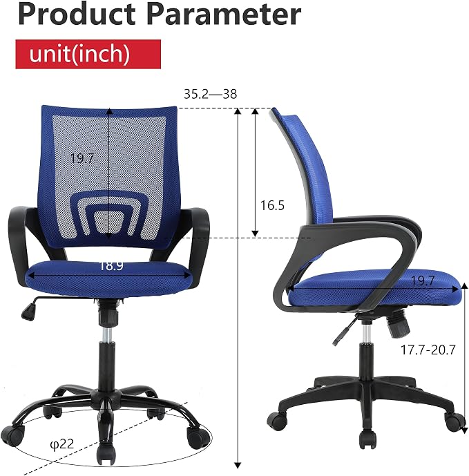 BestOffice Ergonomic Office Chair | Mid-Back Swivel Desk Chair | Dark Blue | with Lumbar Support, Adjustable Height & Breathable Backrest | Sponge Seat & Rolling Wheels | for Home, Office | Pack of 1