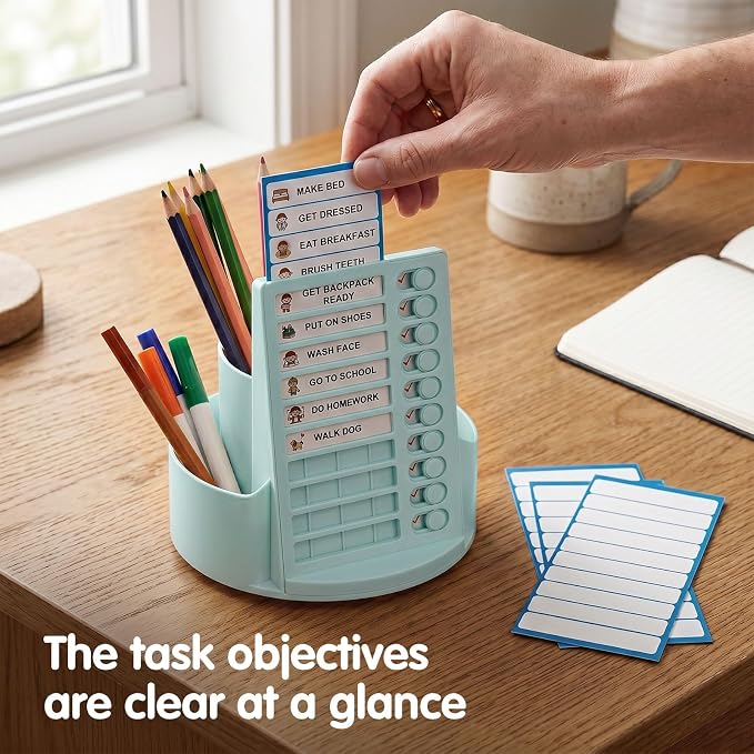 360 Rotating Pencil Holder with To Do List for Kids, Desk Organizer Checklist Routine Chart with Slider, Pen Organizer with 7 Slots Desk Organizers and Accessories for Office School Home