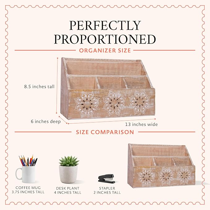 Serena Mango Wood Desk Organizer - Whitewash, 13 in | Functional mail holder featuring 5 compartments tailored for home desk organization, mail storage and rustic office decor.