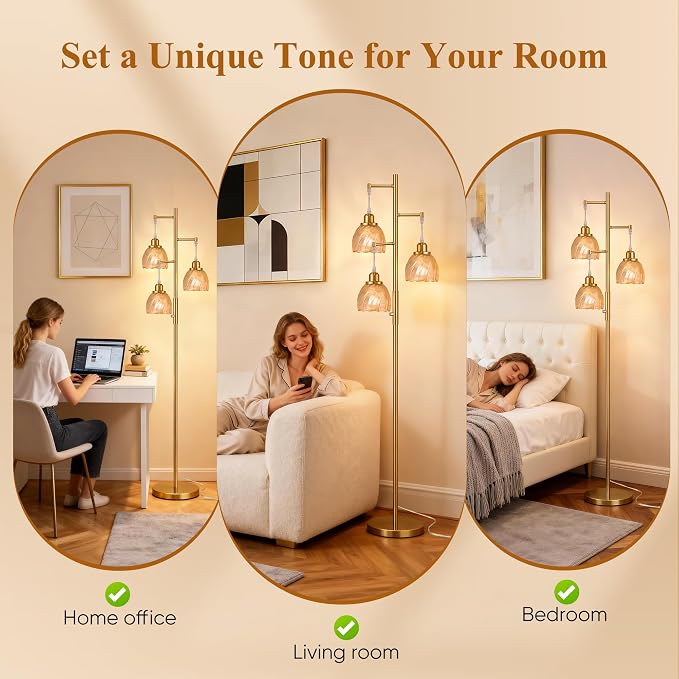 ROTTOGOON Dimmable Gold Floor Lamps for Living Room, Vintage Tree Standing Lamp with Glass Shades, 3 Light Mid Century Flower Floor Lamps for Bedroom, Office, 6W, Brushed Gold & Amber Shades