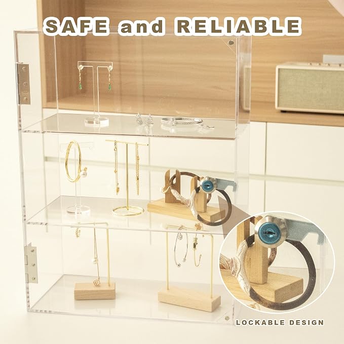 3 Shelf Locking Display Case with Key, Acrylic Countertop Cabinet | Clear dustproof lockable showcase, vitrinas para colecciones, small case for figurine, jewelry, bobblehead, perfume, knife