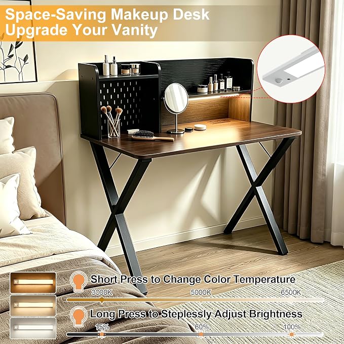 Lightdot 44" ×24" Black Home Office Computer Desk with Charging Ports, Study Gaming Desk with Hutch Pegboard & Motion Sensor Light, Student Writing Desk with Storage for Home Office Bedroom