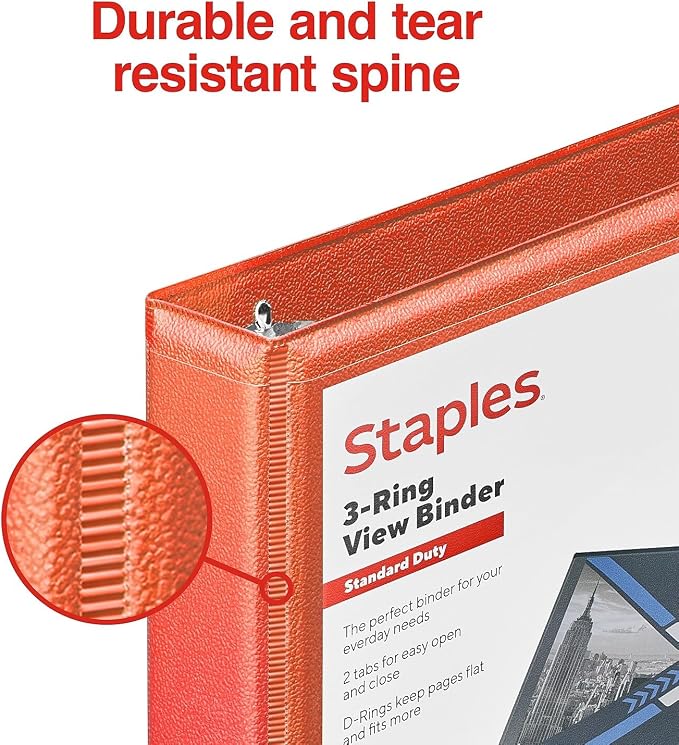Staples Standard 0.5-Inch 3-Ring View Binder, Holds Up to 100 Sheets, Orange, Slim Binder for Office, School & Home