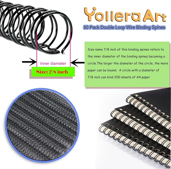 Double Loop Binding Wires for Students and Coworkers, 50 Pack Twin Loop Wire Binder Combs Spines for Booking Letter Size and Binding-Machines (50P, 2:1 Pitch, Black, 7/8 Inch (200 Sheet Capacity))