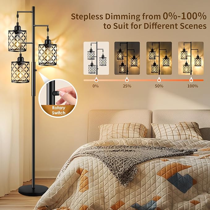 Dimmable Floor Lamp, Farmhouse Standing Lamp with Elegant Metal Cage, Industrial Tall Tree Floor Lamps for Living Room Bedroom Study Room Office, 3 x 800LM LED Bulbs Included - 68", Black