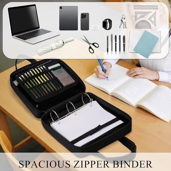 Upgraded Zipper Binder | 3-Inch & 2-Inch O-Rings, 600 Sheet Capacity Trapper Keeper with 13 Inch Laptop Sleeve & Water Bottle Holder, Binder Bag with Multi-Pockets & Shoulder Strap (Black)
