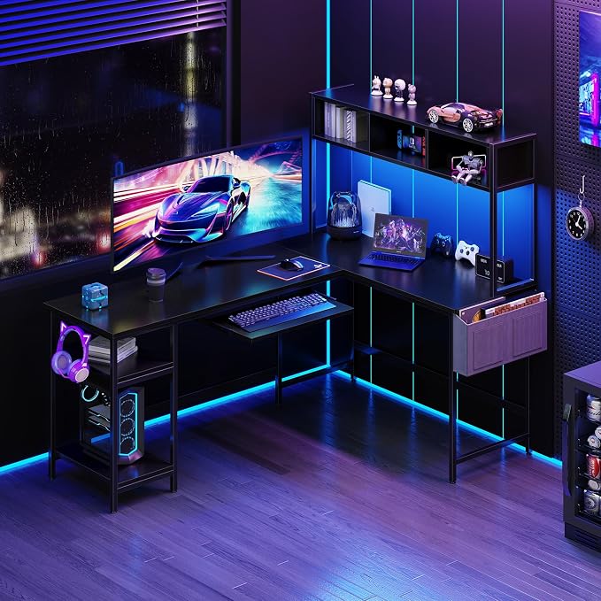 DUMOS 67" L Shaped Gaming Desk, Reversible Computer Desks with LED Lighting | Corner Desk for Compact Spaces, Keyboard Tray & Storage Shelf, Home Office, Black