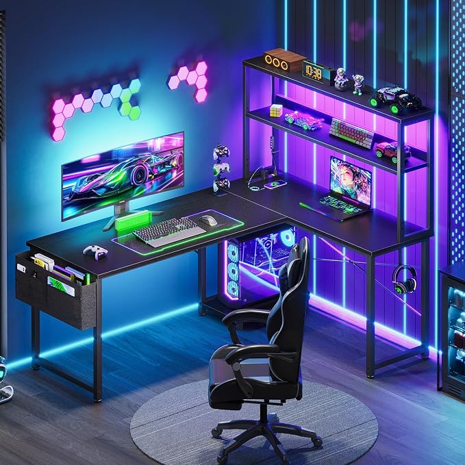 AODK L Shaped Desk Gaming Desk with LED Light & Power Outlet | 53 Inch Black Reversible L Shaped Computer Table with Shelf & Storage Bag & Hook for Home Office