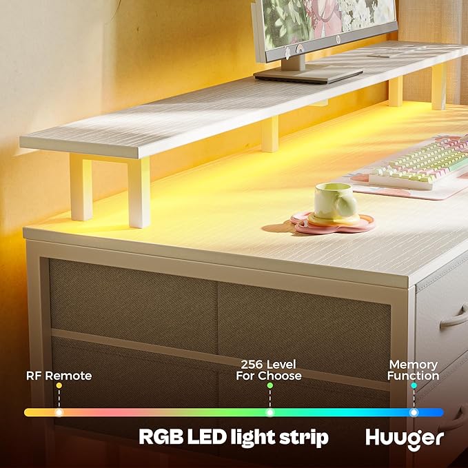 Huuger 55 inch Computer Desk with Power Outlets & 4 Drawers | Gaming Desk with LED Lights, Home Office Desk with Large Storage Space for Bedroom, Work from Home, White