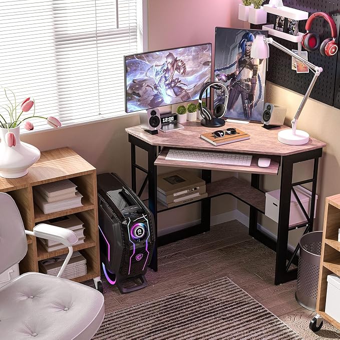 VECELO Corner Desk Computer Desk Writing Table with Smooth Keyboard Tray & Storage Shelves,Compact Home Office Triangle Table,Rustic Brown
