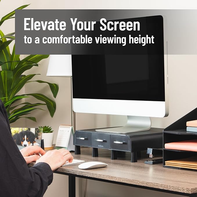 Mind Reader Monitor Stand, 3 Storage Drawers, Desktop Organizer, Riser, Office, 13.5"L x 13"W x 4"H, Set of 2, Black