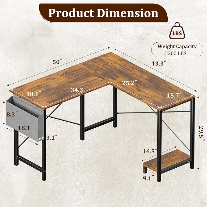 Alpen Corner Desk, 50 Inch L Shaped Gaming Desk with Storage Pocket and CPU Stand, Work Desk for Home Office, Small Corner Study Writing Table with Sturdy Metal Frame, Rustic Brown