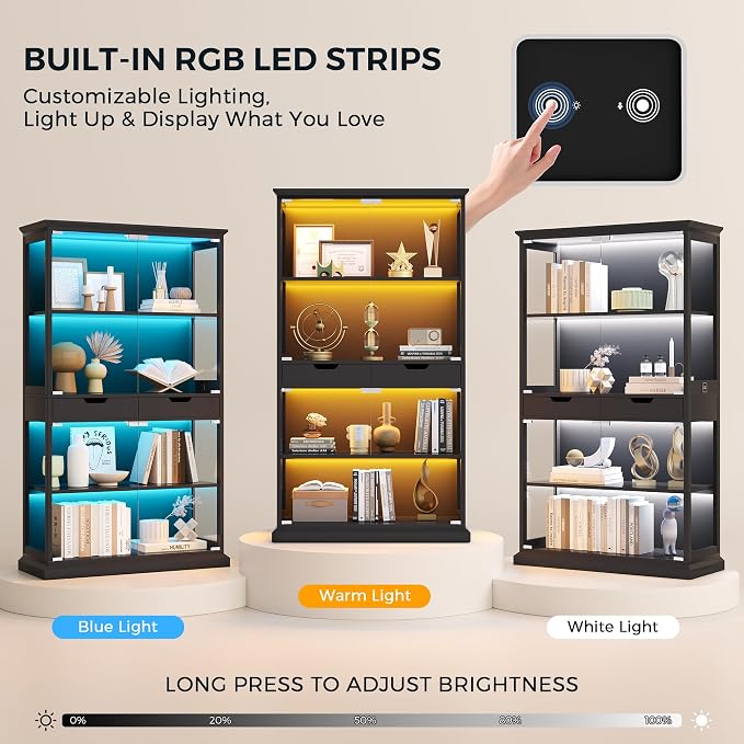 Jocoevol Display Cabinet with Glass Doors, 4-Tier Curio Cabinet with with 2 Drawers for Collectibles, Modern Glass Display Case Human Body Sensor & RGB Lights for Living/Game Room