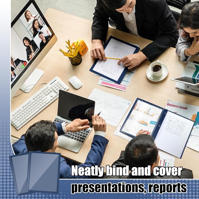 Teling 50 Pcs Report Covers with 3 Prong Fasteners Clear Front Presentation Folders Frame View Poly Report Folder Presentation Binder for Paper Document School Office (Navy Blue)