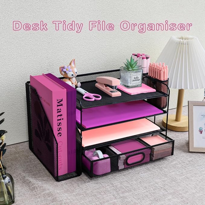 Desk Organizers and Accessories with File Holder, 4-Tier Paper Letter Tray Organiser with Drawer and 2 Pen Holder, Mesh Desktop Document Organizer for Office Supplies, Workspace - Black