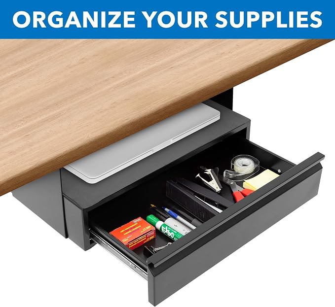 Mount-It! Hidden Under Desk Pull-Out Drawer with Shelf, Heavy-Duty Steel Under Table Storage Organizer, Smooth Slide Track, Fits Desks Over 0.71″ Thick, 11 lb Capacity
