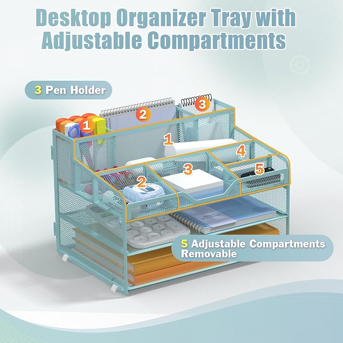 Docnest 3 Tier Mesh Desk Organizer with Letter Tray & Paper Sorter, Blue | Features 3 built-in pen holders & 5 adjustable compartments on top. Includes 4 non-slip rubber feet for desk protection