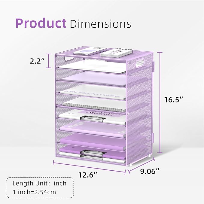 9-Tier Paper Organizer for Desk, Metal Letter Tray with Handles, Purple | Desk File Organizer with Removable Trays for Sorting Files, Folders, Mail and Printer Paper at Home, School or Office