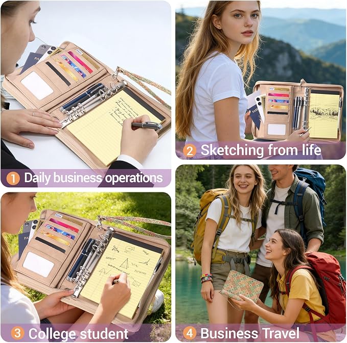 A5 Binder 6 Ring with Zipper, Portable Planner for Travel & Study | Faux leather A5 planner with detachable 6 rings, lined pages, pouches, card slots and pen holder for daily use.