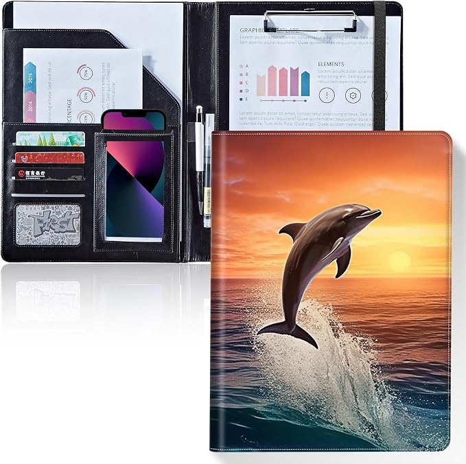 Padfolio/Portfolio Folder Clipboard,Padfolio Clipboard,Writing Portfolio Leather with Cover for Card Holder Slot Letter Size A4 for Office Conference Notepad Clip Boards,Dolphins Jumping at Dusk