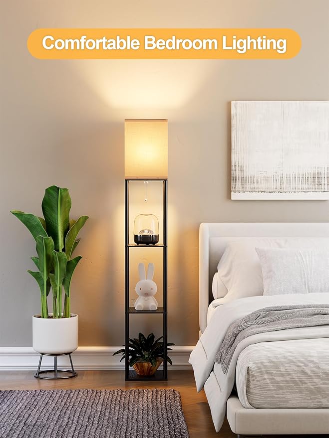 Floor Lamp with Shelves for Living Room, Shelf Floor Lamp with 3 CCT LED Bulb, Corner Display Standing Column Lamp Etagere Organizer Tower Nightstand with White Linen Shade for Bedroom, Office
