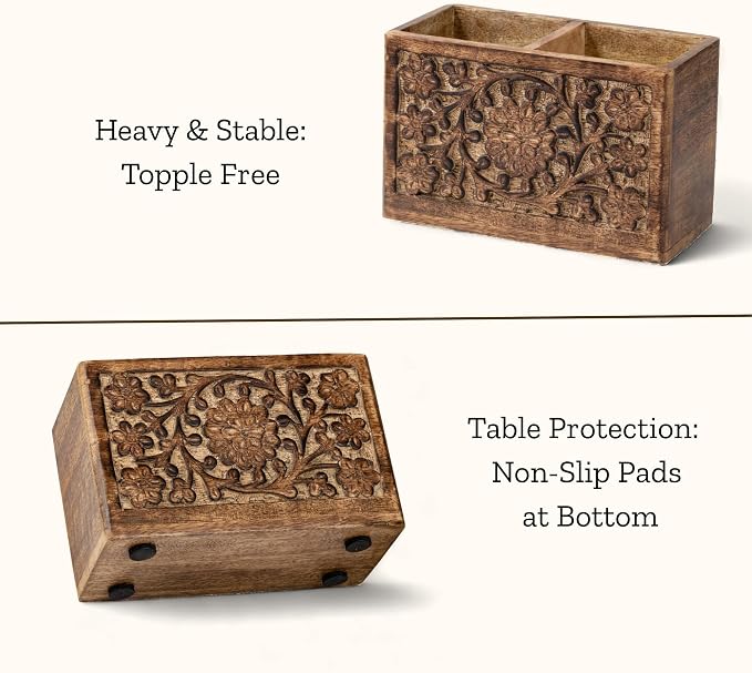 Mie Creations 2 Slot Rustic Pen Holder, Wooden Office Organizer 6'' | Large Pencil Stand for Desktop Table, Floral Handcarved Wood Desk Accessories, Multipurpose School Study Home Supplies