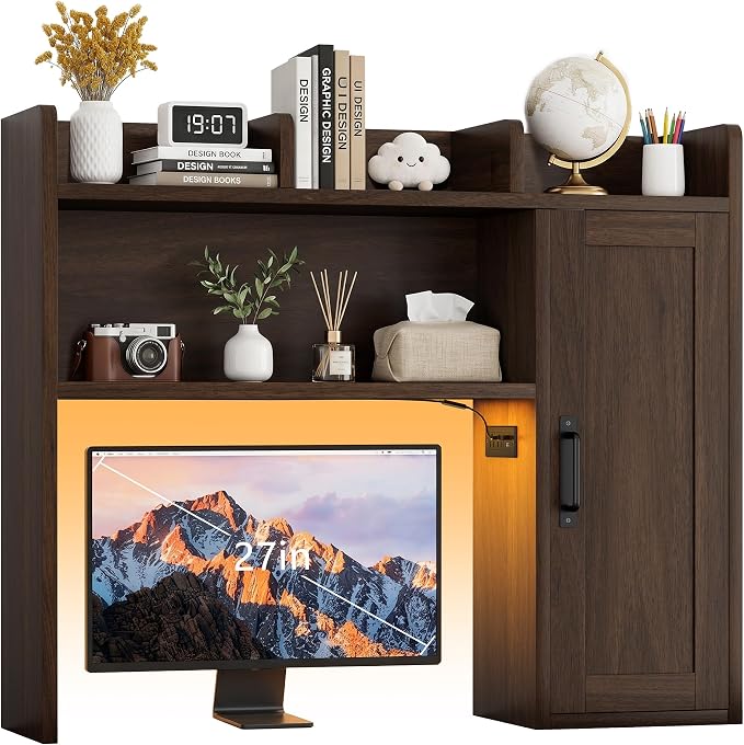 Desktop Bookshelf, Desk Hutch with RGB LED Lights & Power Outlets | 37" Desk Hutch Organizer with Storage Cabinet Desktop Storage Shelf for 27" Monitor, Tabletop Bookcase for Dorm Office Home