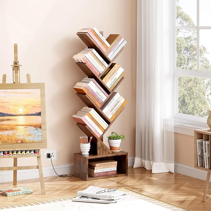 Hoctieon 6 Tier Tree Bookshelf, Tall Bookcase, Freestanding Book Shelf with LED Lights, Display Floor Standing Storage Shelf, Book Organizer Shelves for Home Office, Living Room, Rustic Brown