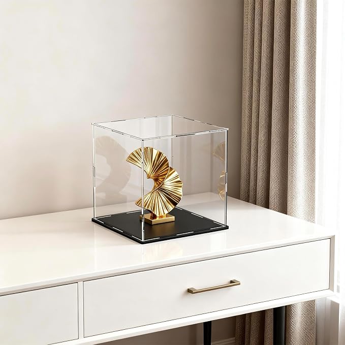 Acrylic Display Case 9x9x9 Inch, Clear Collectible Display Box with Matte Black Base, Dustproof Showcase for Figures, Models, Sports Memorabilia – Easy Self Assembly