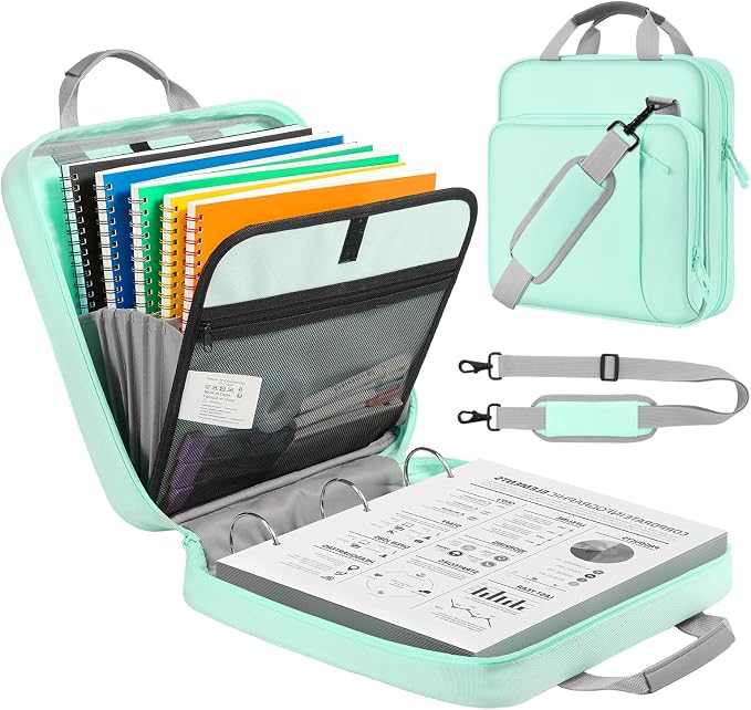 MoKo Zipper Binder, 2 Inch 3 O Ring, 5 Tab File Folders, 500 Sheets, Green | Water-repellent 900D Oxford with five file pockets, two mesh pockets, a handle and padded shoulder strap.