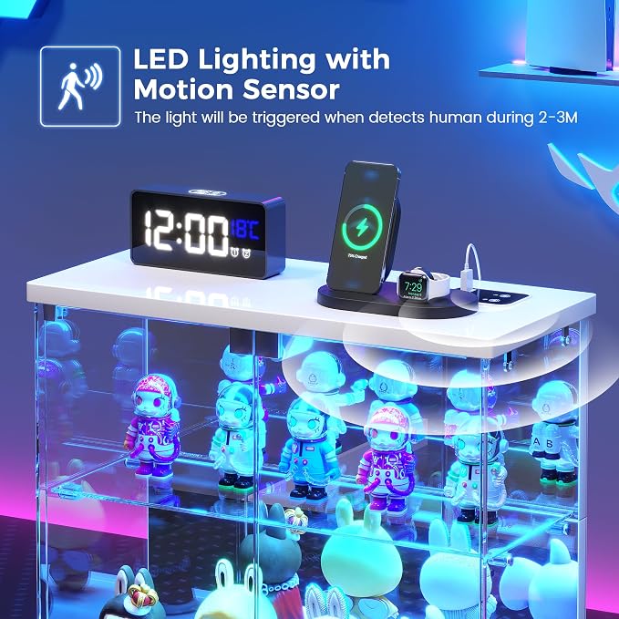 Dystler 2pc Glass Display Case with LED Lights, Small 2-Tier for Figures | Lighted Display Cabinet with Motion Sensor, Clear Tempered Glass Door, USB-C Charging Hub for Collectibles, Rocks, Tabletop
