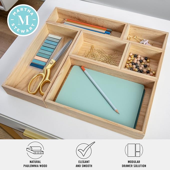 Martha Stewart Weston Wood Desktop Organizer, White | Open Lower Storage, Engineered Wood, Multipurpose